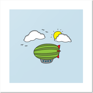 funny green zeppelin flying in the sky Posters and Art